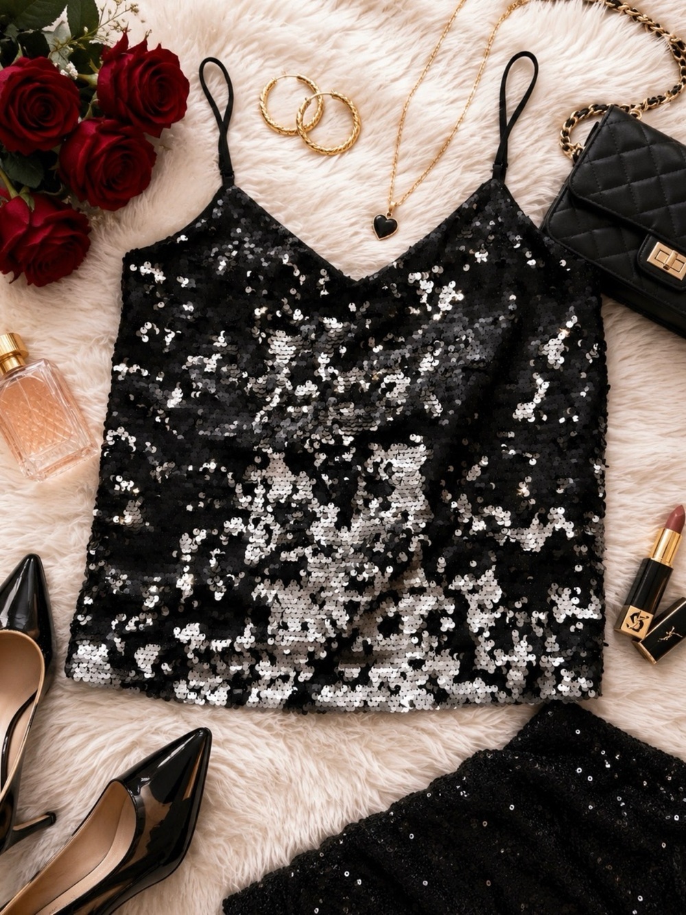 Women’s Black Sequin Cami Top - Elegant Party Tank
